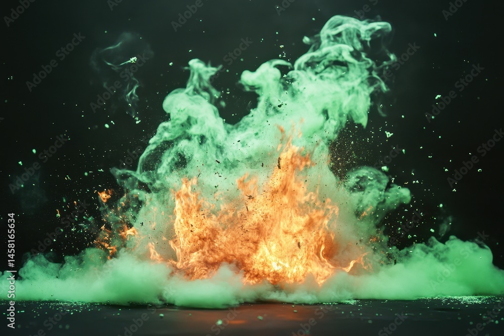 Poster Explosion of substance emitting green flames and smoke in a controlled environment, explosion of a substance burning with a green flame