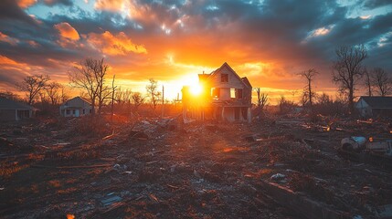  A dramatic sunrise over the destruction of an American town, with remnants of destroyed houses and trees in the foreground, symbolizing resilience amidst chaos