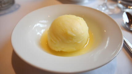 Creamy Mashed Potato Served in a White Bowl with Melted Butter Drizzled Over the Top