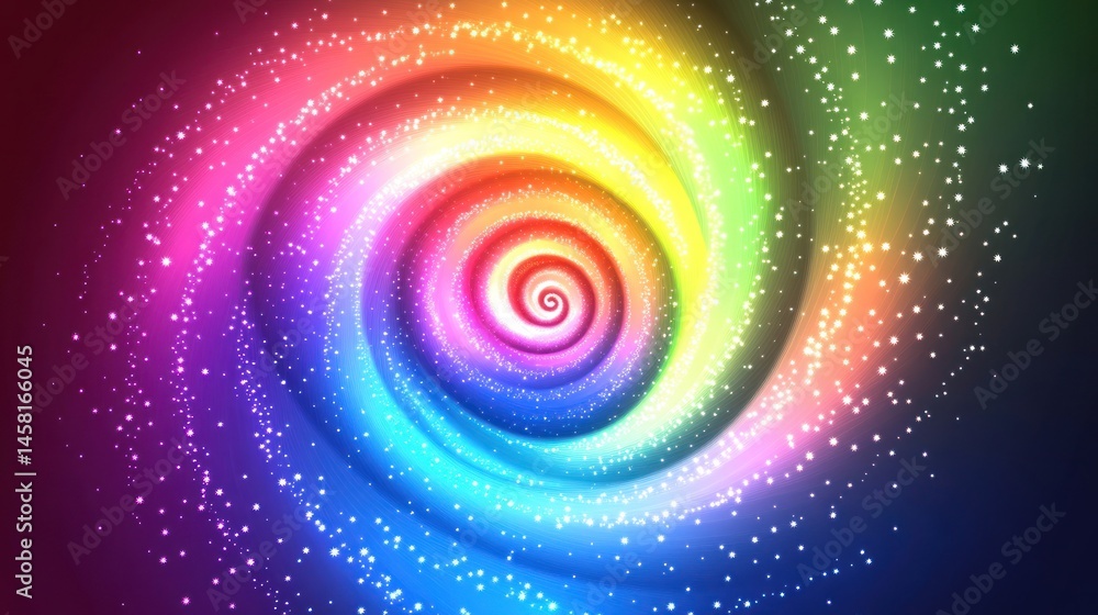 Poster rainbow spiral with sparkling particles.