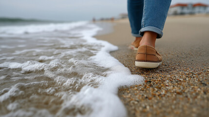 Coastal Serenity: A single foot steps confidently on a sandy beach, the gentle waves of the ocean softly lapping at their toes.