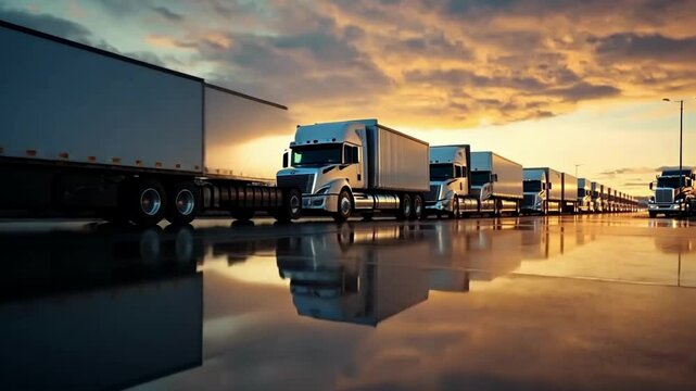 Trucks lined up on highway at sunset showcasing vibrant sky and reflective surface