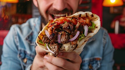 Happy Eater: Man Enjoying a Delicious and Hearty Wrap

