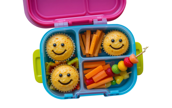  A colorful children's lunchbox with smiley face noodle muffins, bright carrot sticks, and rainbow fruit skewers on a wooden table, soft natural lighting, overhead view