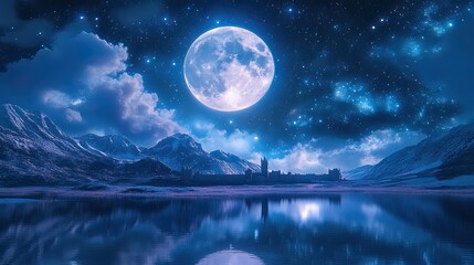 A full moon over a lake reflecting mountains and a city skyline under a starry night sky scene