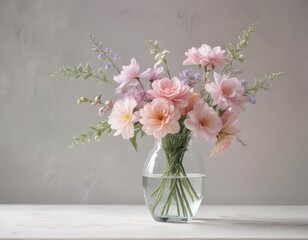 Fototapeta premium Delicate pastel watercolor blooms in a glass vase , tone, vase
