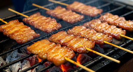 Thai moo ping - caramelized pork skewers with glossy coconut milk glaze 