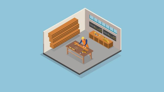 Carpenter Working in Carpentry Shop 3d animation cartoon