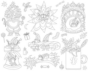 Design set with line art Christmas gnomes with gifts and decorations. Outline cartoon vector illustrations, coloring page for kids, traditional winter holidays