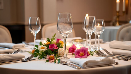 Fototapeta premium Elegant Wedding Reception Table Setting with Crystal Wine Glasses, Floral Centerpiece, Gold Cutlery, Romantic Lighting, Luxurious Tablecloth, and Sophisticated Ambiance in a High-End Fine Dining Venue