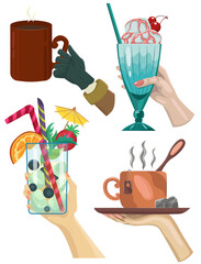 Colorful design set with hands holding glass of fruit and milk cocktail beverage drinks, cups with hot tee and coffee with sugar isolated on white. Cartoon vector flat illustration
