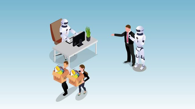 Workplace Automation and Job Displacement 3d animation cartoon