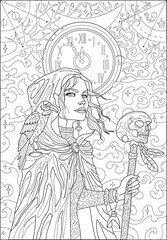 Line art Halloween illustration with beautiful witch girl wearing gothic cape holding wand with scary skull against background of old clock, mystic symbols and mist. Coloring page for adults