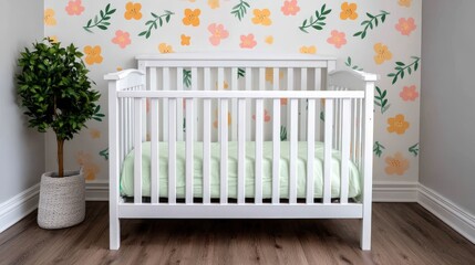 Modern nursery scene with bright floral wallpaper showcasing a cozy crib surrounded by a decorative plant highlighting a tranquil atmosphere perfect for a child's restful space
