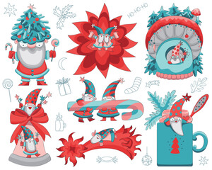 Design set with cute Christmas gnomes Santa Claus with gifts and decorations isolated on white. Doodle cliparts with mascots. Cartoon vector flat illustrations, traditional winter holidays