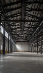 High ceiling warehouse interior, exposed ductwork and metal beams , metal, industrial interior