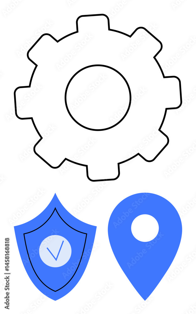 Poster gear for configuration, shield with checkmark for security, and map pin for location services. ideal