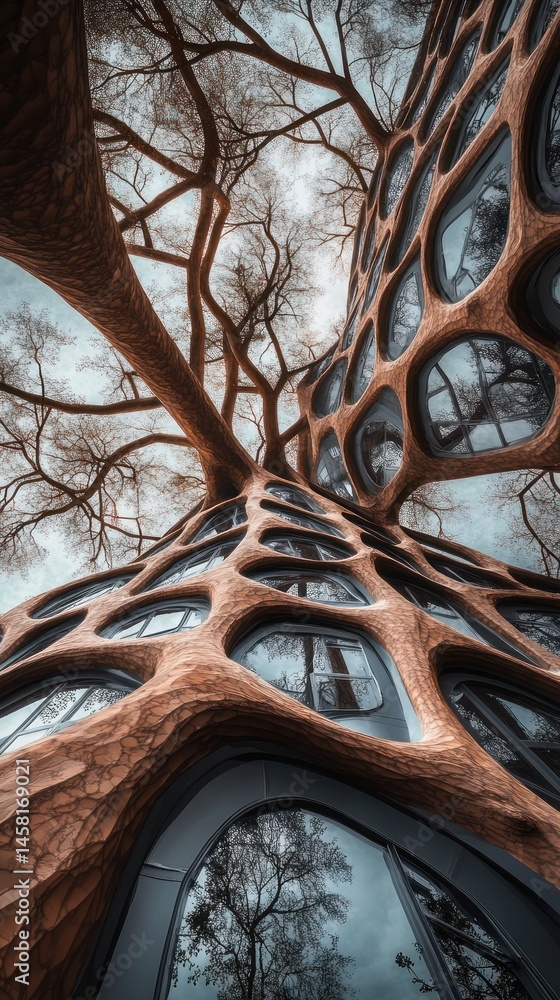 Poster low angle view of a tree-like building with organic architecture and large windows reflecting trees.