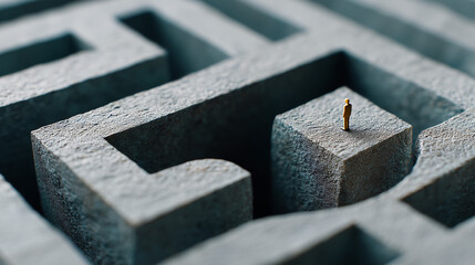 The Labyrinth of Life: A miniature figure stands at the crossroads of a complex and intricate stone maze, symbolizing the challenges and uncertainties of navigating life's path.