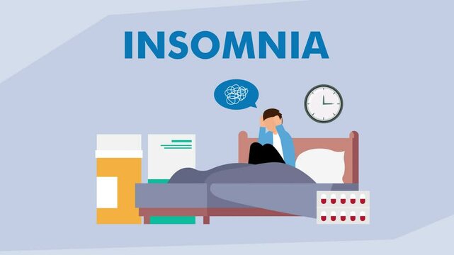 Insomnia Concept with Sleepless Person in Bed and Medication cartoon animation