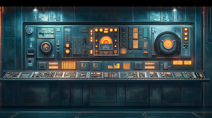 Futuristic Retro Sci Fi Control Room Panel Interface with Glowing Lights and Vintage Technology