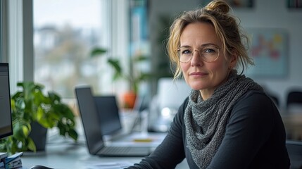 Portrait of a woman with glasses at a desk with a computer and plants near a bright window