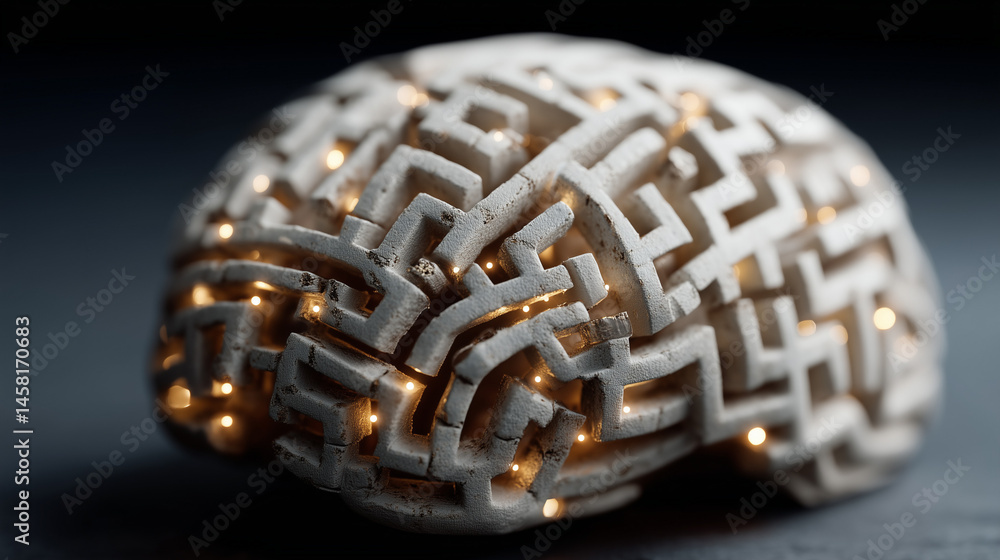 Poster brain maze: an intricate maze design of a brain illuminates with a network of glowing nodes, symboli