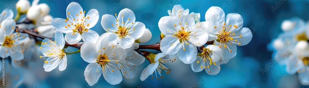 Poster blossoming apricot tree branches with springtime blue background concept. beautiful blossom flowers 