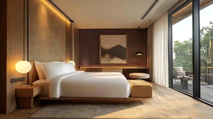 Luxury bedroom interior with warm tones high resolution picture