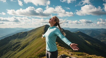 Obraz premium Young woman embracing the vast mountain landscape with open arms expressing freedom