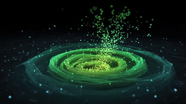 Swirling vortex of green energy with glowing particles forming scatter plot, digital abstract background, futuristic and dynamic visual effect