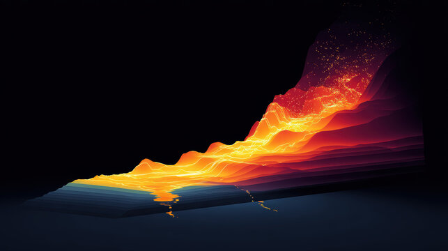 Streamgraph molten glowing abstract layer orange yellow red dark digital art create dynamic visual of flowing energy and heat in modern emotional style