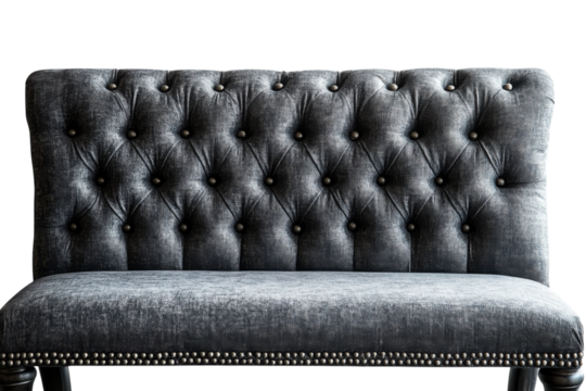 Elegant tufted grey velvet bench isolated on black background showcasing intricate button detailing and on transparent background