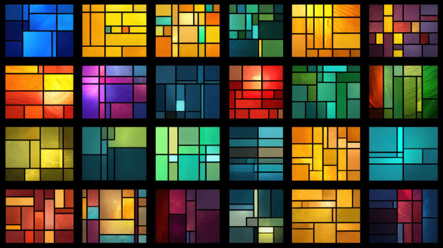 Abstract geometric patterns resembling stained glass, featuring vibrant color blocks, grid lines, and modern artistic style, evoke creative and dynamic visual mood