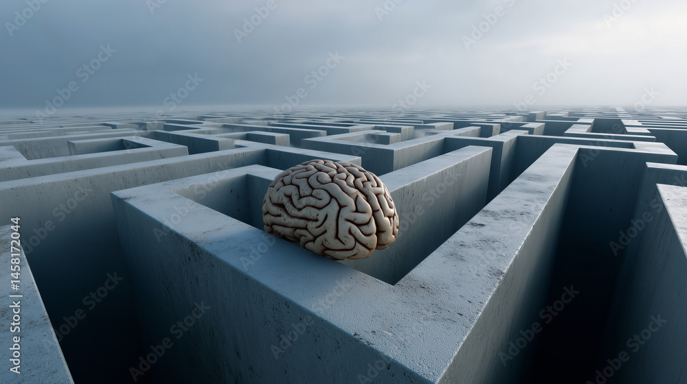 Poster brain in a maze: a human brain rests atop a complex maze, symbolizing the challenges and complexitie