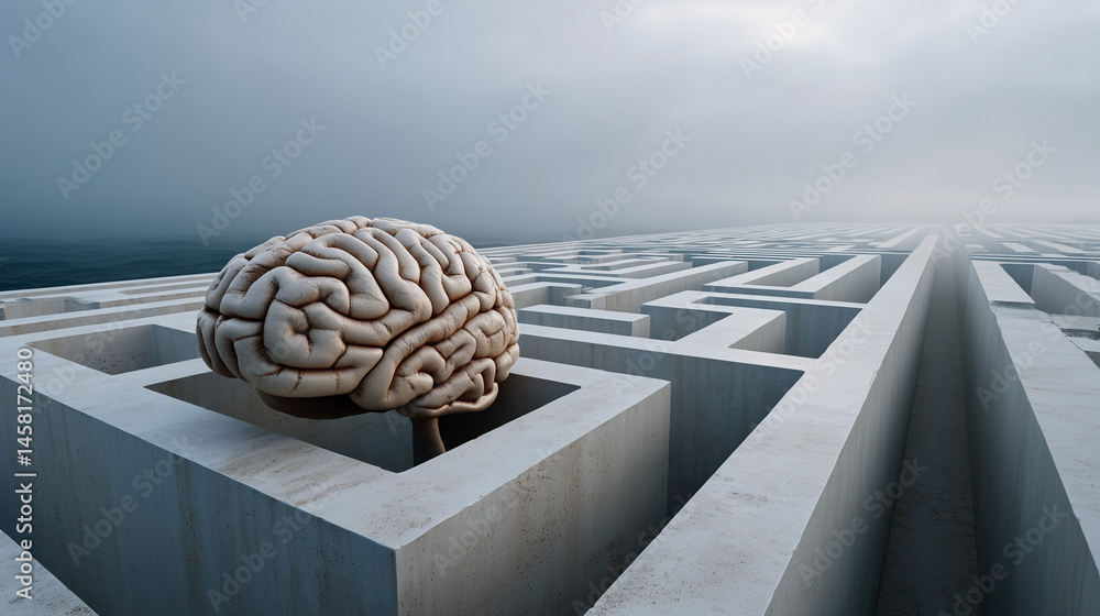 Poster brain in the labyrinth: a photorealistic image features a human brain placed atop a complex labyrint