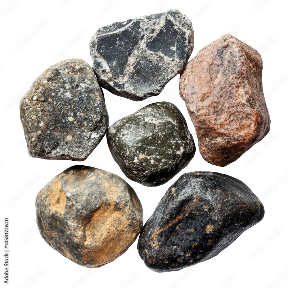 Poster a collection of natural rocks isolated on a clean transparent background showcasing diverse textures