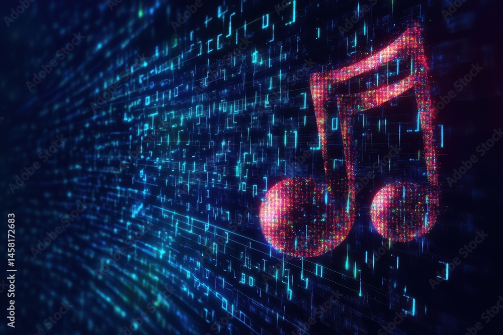 Poster digital design showcasing music symbol intertwined with binary code in vibrant colors, music logo, d