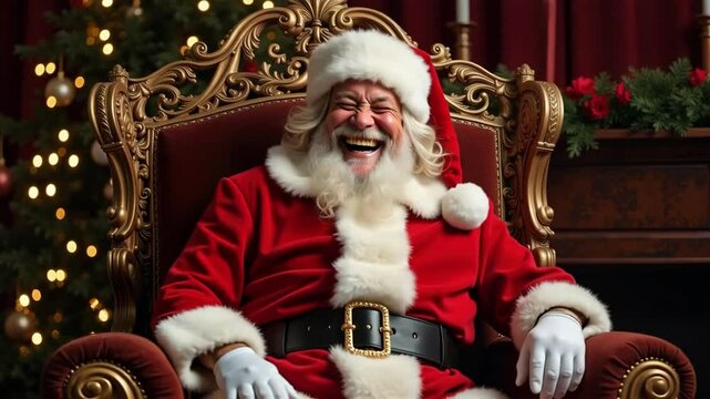 Santa&rsquo;s Merry Laugh &ndash; Up-Close 4K Shot of Santa on His Throne Looking at the Camera