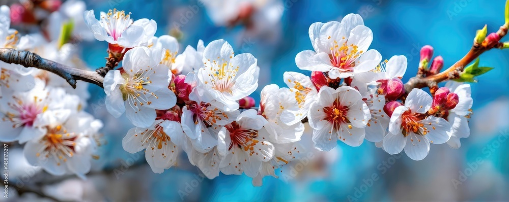 Poster blossoming apricot tree branches with springtime blue background concept. beautiful flowering branch