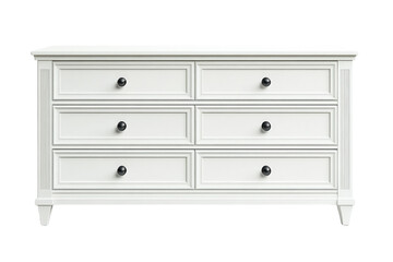 Elegant white six drawer dresser with classic design black knobs clean lines and simple style on transparent background