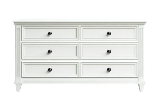 Elegant white six drawer dresser with classic design black knobs clean lines and simple style on transparent background