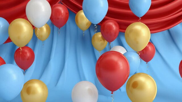 Colorful balloons in red, blue, and gold decor create a festive atmosphere for celebrations