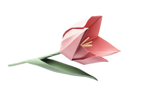 Origami Tulip: Delicate Pink Paper Flower with Green Leaves on Transparent Background, PNG
