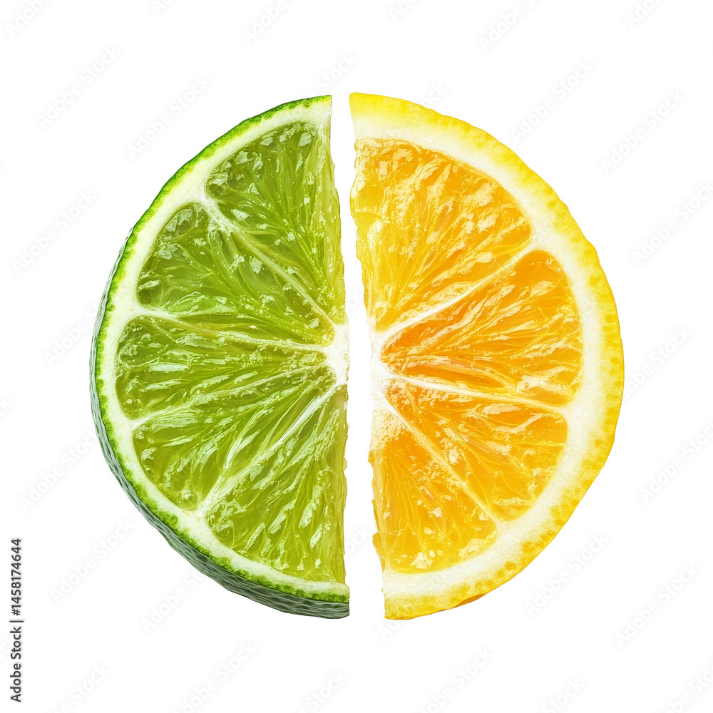 Poster fresh lemon and lime slices isolated on a clean transparent background, showcasing vibrant colors an