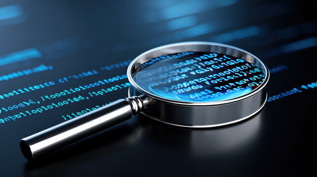 Magnifying glass, blue code, digital security, audit process, data analysis, and technology concept shown with close up of computer programming text under inspection