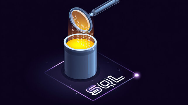 SQL injection attack visualized as malicious code being poured into database, digital concept, dark background, cybersecurity threat, glowing elements