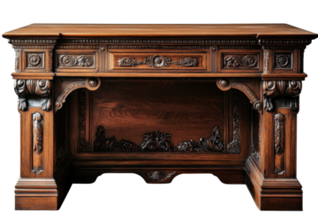 Exquisite Antique Carved Wooden Desk Rich Dark Brown Mahogany Intricate Detailing Elegant Vintage Style on transparent background