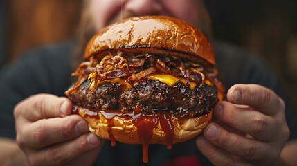 Ecstatic Indulgence: A Man's Pure Joy Holding a Loaded, Saucy Gourmet Burger

