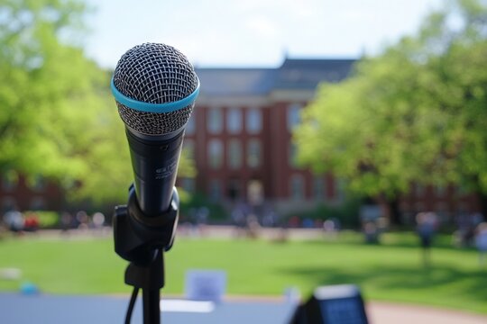 Microphone at an outdoor event on a university campus with people in the background
